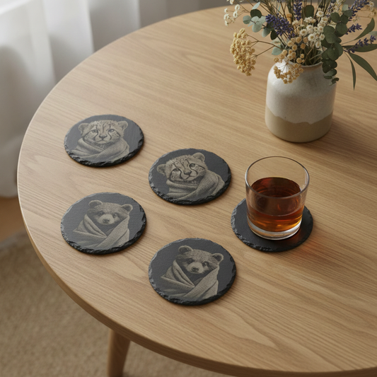 Set of 4 Laser Engraved 10cm Round Slate Coasters - High Detail Baby Bear & Cheetah Cubs in Cosy Blankets (Waterproof, Sealed, Anti-Skid)