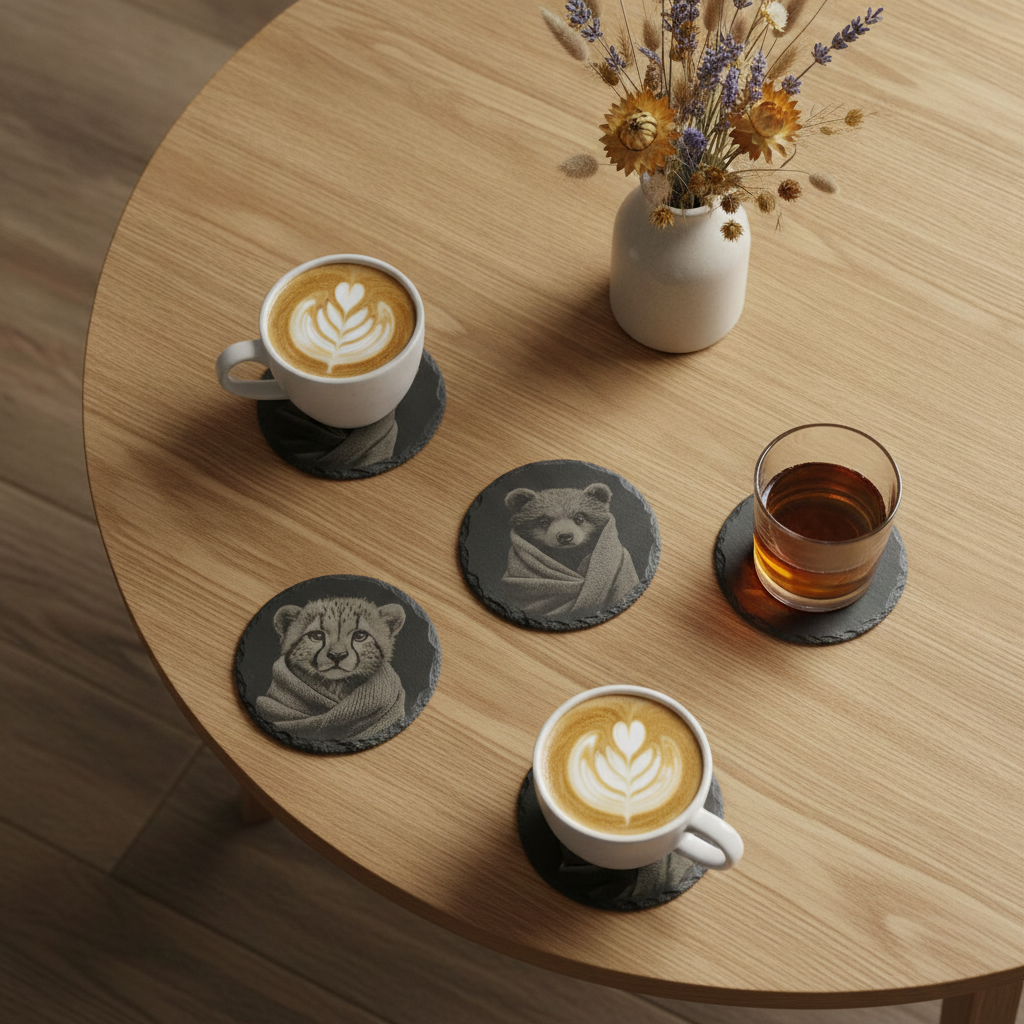 Set of 4 Laser Engraved 10cm Round Slate Coasters - High Detail Baby Bear & Cheetah Cubs in Cosy Blankets (Waterproof, Sealed, Anti-Skid)