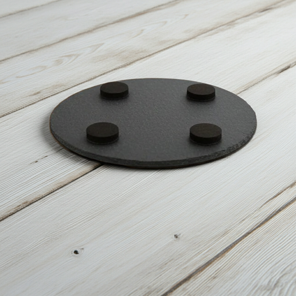 Set of 4 Round Slate- 3d effect Dragon and Rune Dice slates coasters, with bumper feet. 10cm diameter.