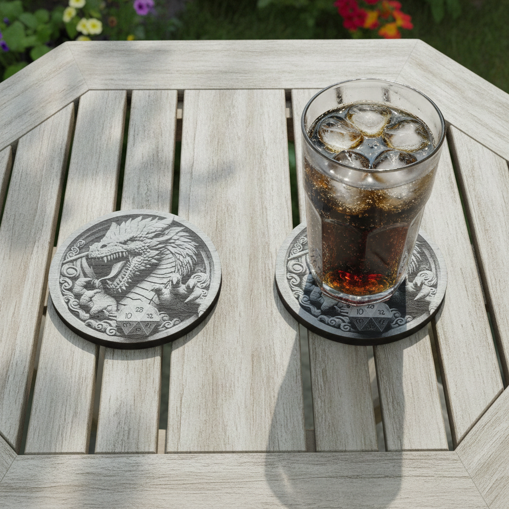 Set of 4 Round Slate- 3d effect Dragon and Rune Dice slates coasters, with bumper feet. 10cm diameter.