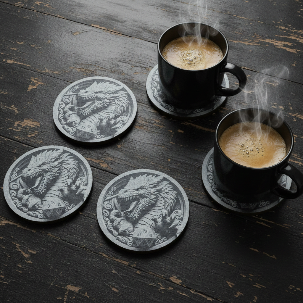 Set of 4 Round Slate- 3d effect Dragon and Rune Dice slates coasters, with bumper feet. 10cm diameter.