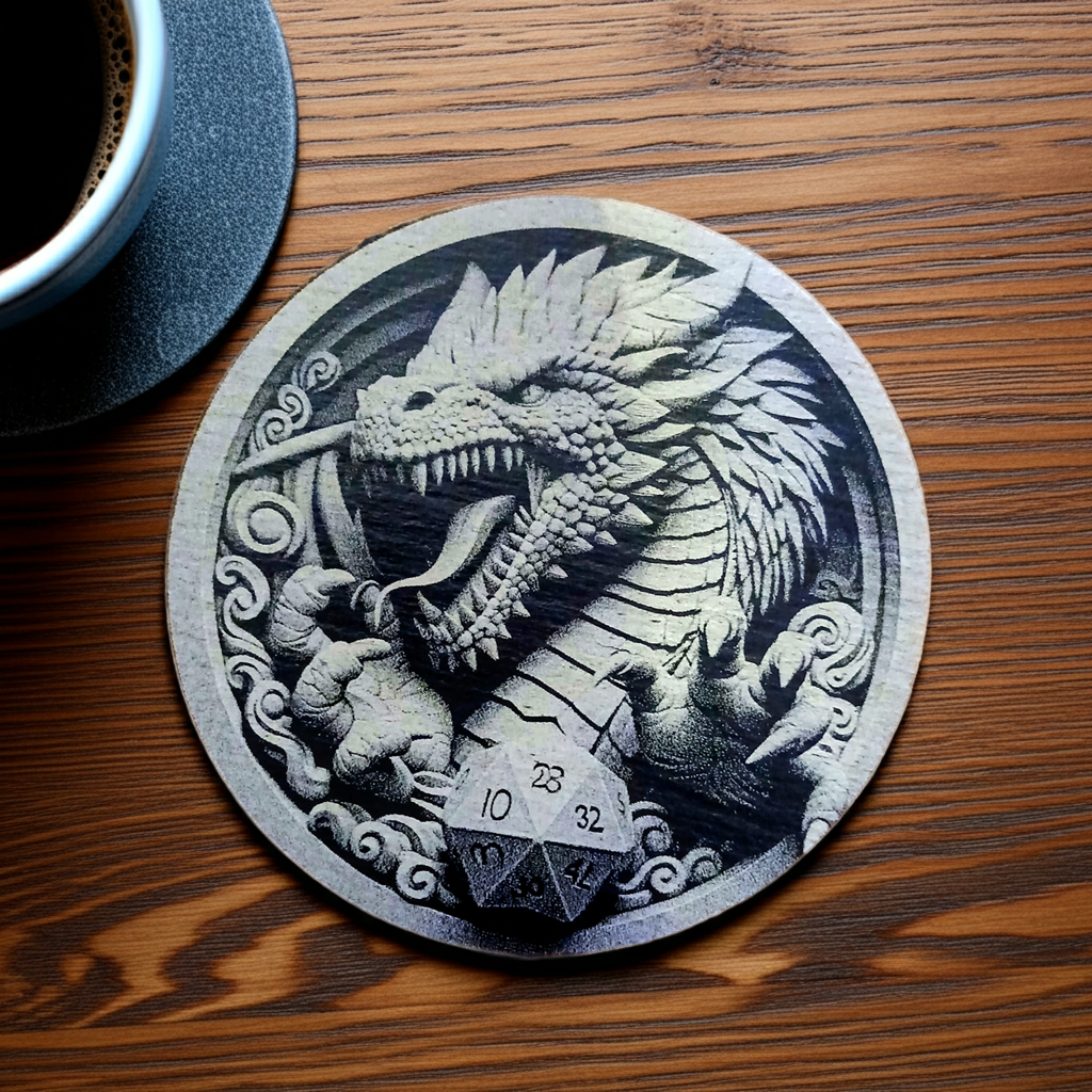 Set of 4 Round Slate- 3d effect Dragon and Rune Dice slates coasters, with bumper feet. 10cm diameter.