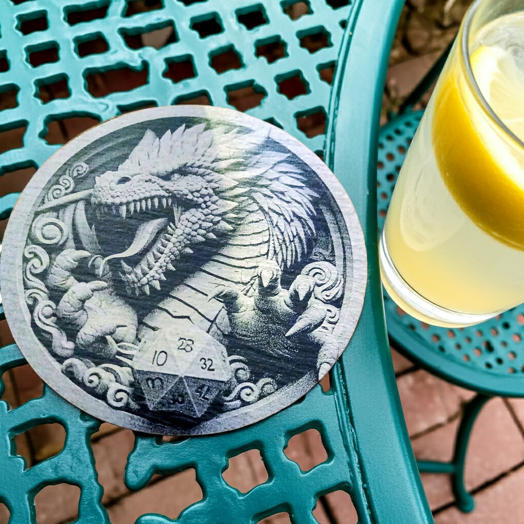 Set of 4 Round Slate- 3d effect Dragon and Rune Dice slates coasters, with bumper feet. 10cm diameter.