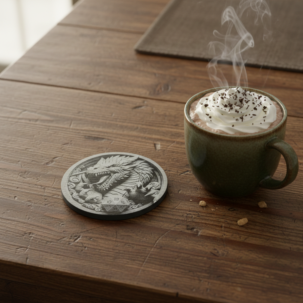 Set of 4 Round Slate- 3d effect Dragon and Rune Dice slates coasters, with bumper feet. 10cm diameter.
