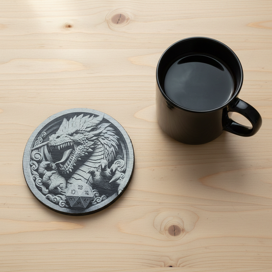 Set of 4 Round Slate- 3d effect Dragon and Rune Dice slates coasters, with bumper feet. 10cm diameter.