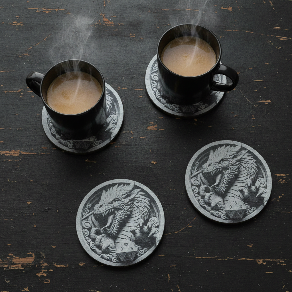 Set of 4 Round Slate- 3d effect Dragon and Rune Dice slates coasters, with bumper feet. 10cm diameter.