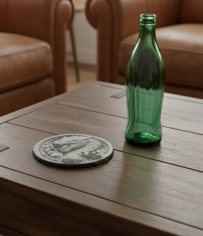 Set of 4 Round Slate- 3d effect Dragon and Rune Dice slates coasters, with bumper feet. 10cm diameter.