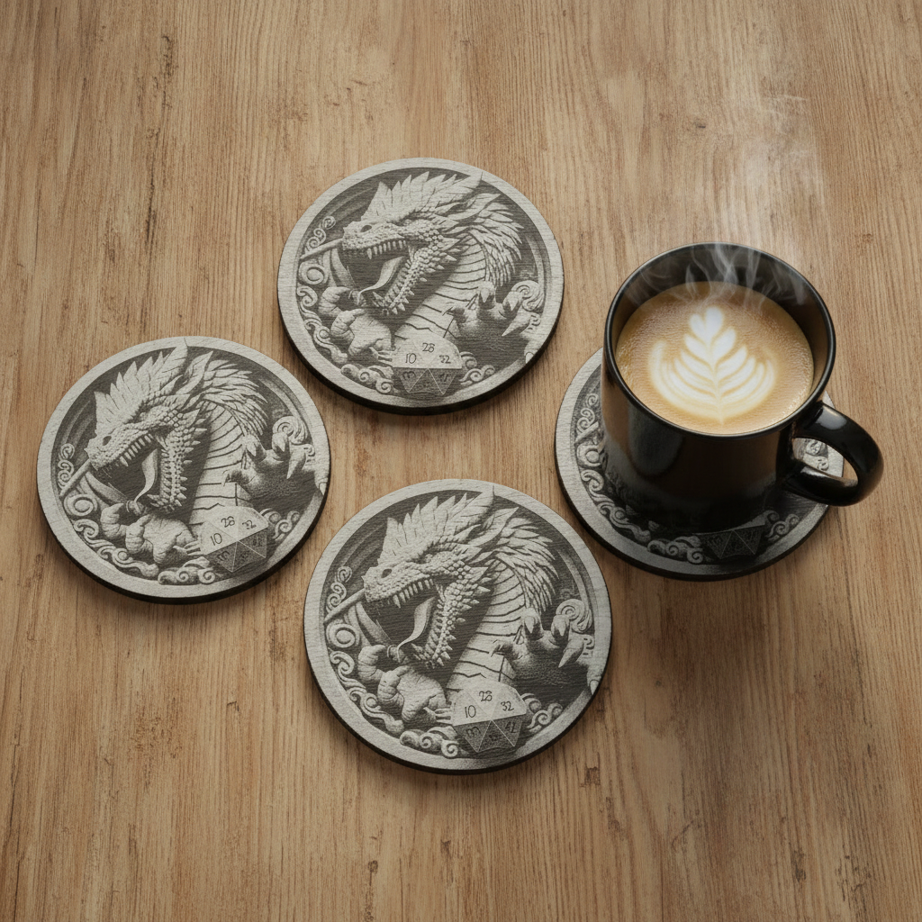 Set of 4 Round Slate- 3d effect Dragon and Rune Dice slates coasters, with bumper feet. 10cm diameter.