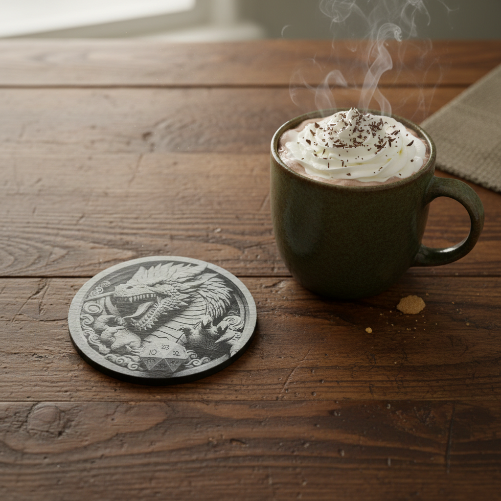Set of 4 Round Slate- 3d effect Dragon and Rune Dice slates coasters, with bumper feet. 10cm diameter.