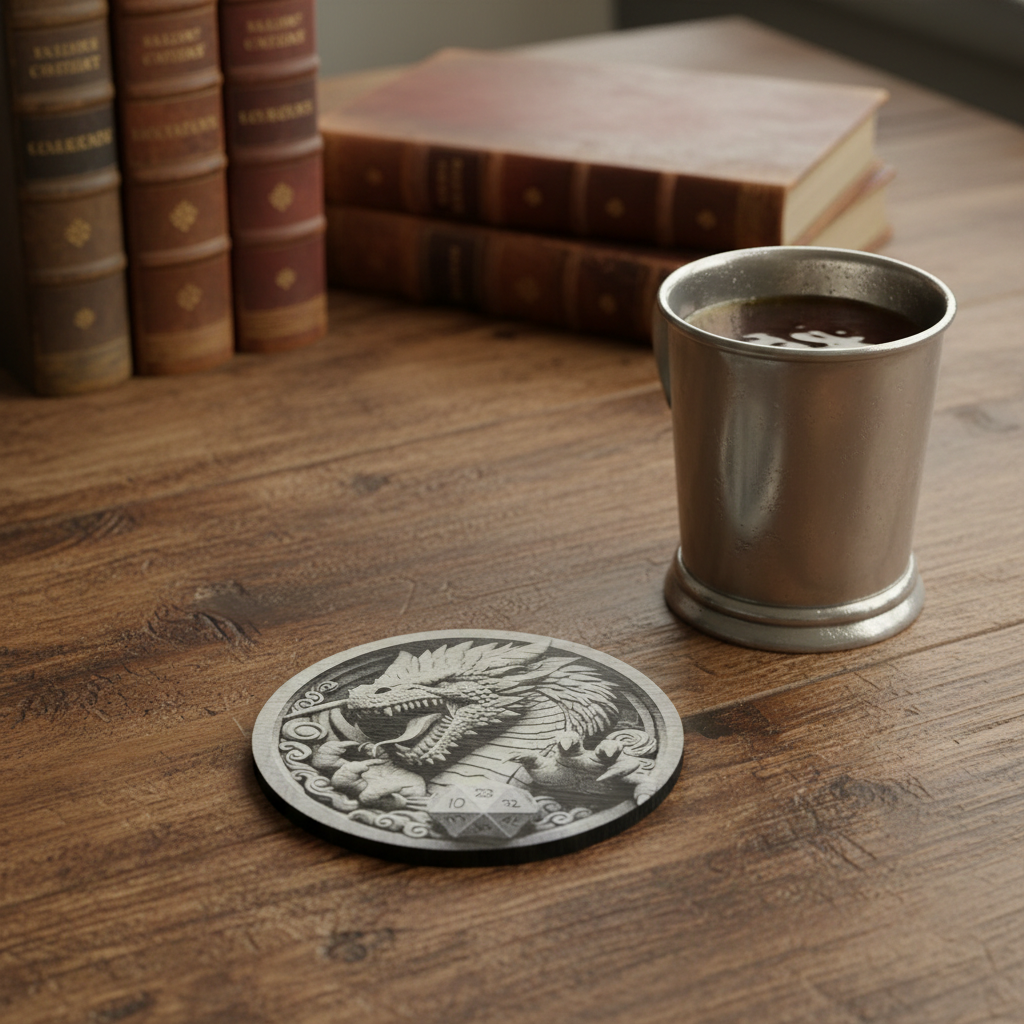 Set of 4 Round Slate- 3d effect Dragon and Rune Dice slates coasters, with bumper feet. 10cm diameter.