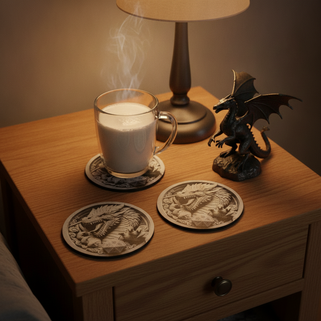 Set of 4 Round Slate- 3d effect Dragon and Rune Dice slates coasters, with bumper feet. 10cm diameter.