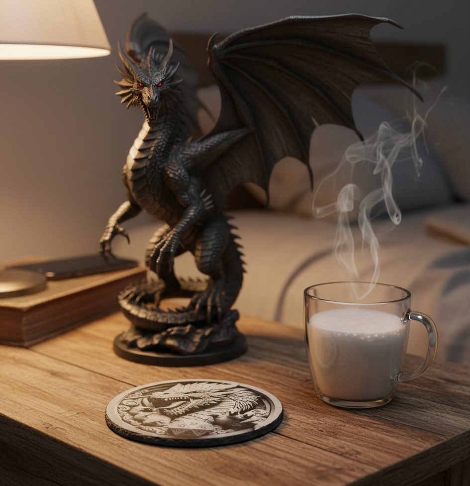 Set of 4 Round Slate- 3d effect Dragon and Rune Dice slates coasters, with bumper feet. 10cm diameter.