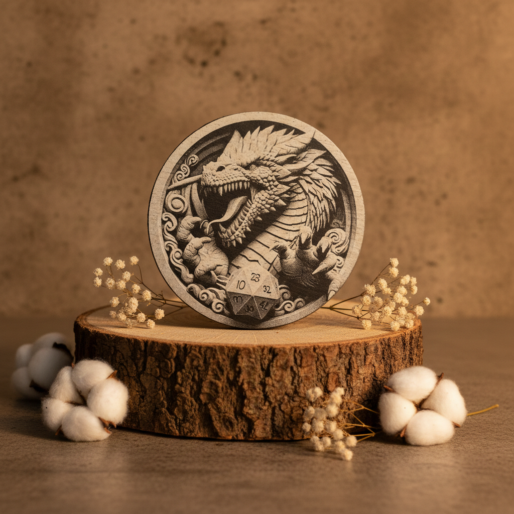 Set of 4 Round Slate- 3d effect Dragon and Rune Dice slates coasters, with bumper feet. 10cm diameter.