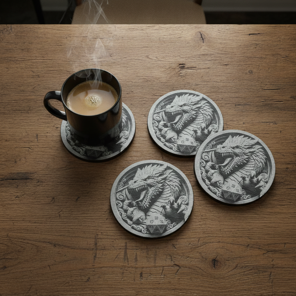 Set of 4 Round Slate- 3d effect Dragon and Rune Dice slates coasters, with bumper feet. 10cm diameter.