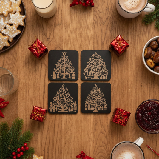 Set of 4,  Wooden Christmas Tree Coasters.  Square Festive Holiday Gift, with bumper feet.