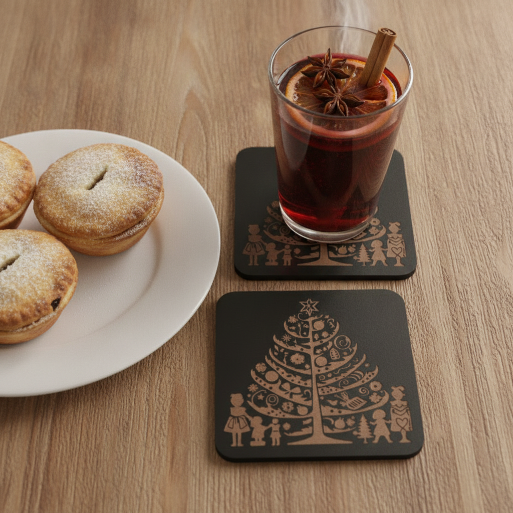 Set of 4,  Wooden Christmas Tree Coasters.  Square Festive Holiday Gift, with bumper feet.