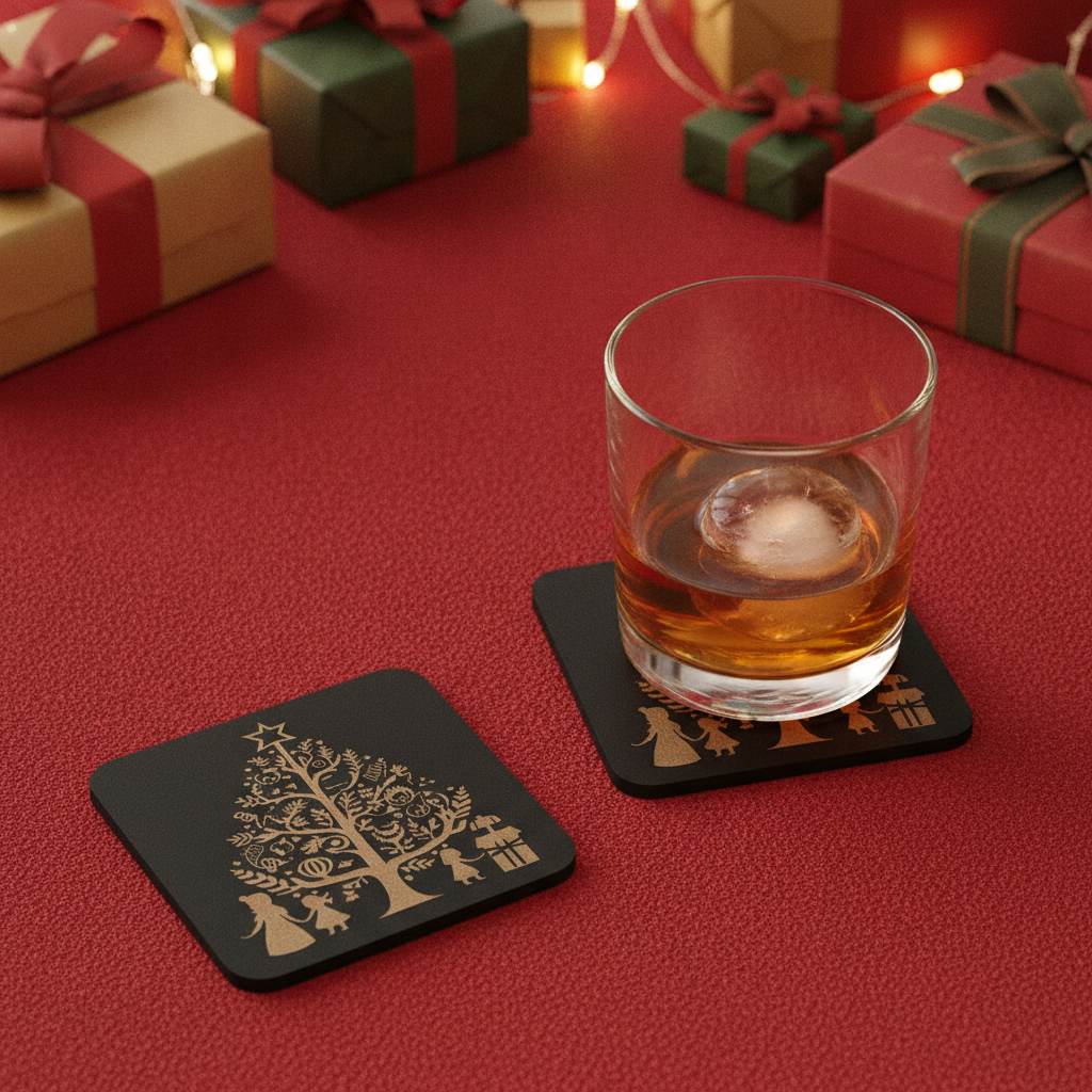Set of 4,  Wooden Christmas Tree Coasters.  Square Festive Holiday Gift, with bumper feet.