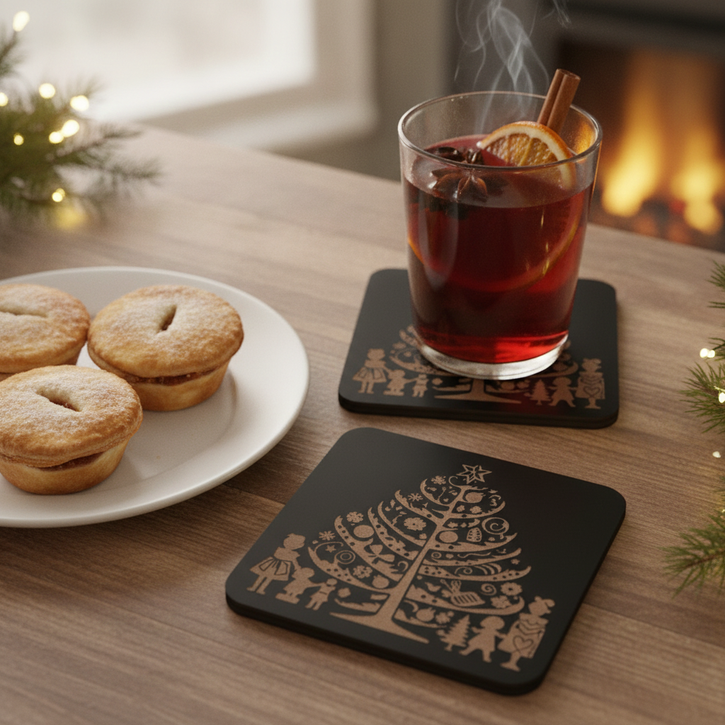 Set of 4,  Wooden Christmas Tree Coasters.  Square Festive Holiday Gift, with bumper feet.