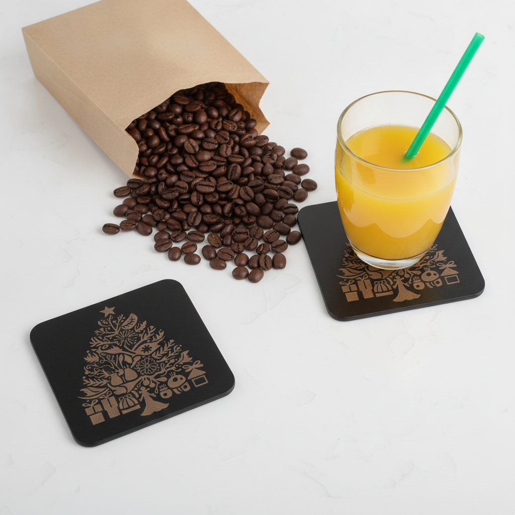 Set of 4,  Wooden Christmas Tree Coasters.  Square Festive Holiday Gift, with bumper feet.