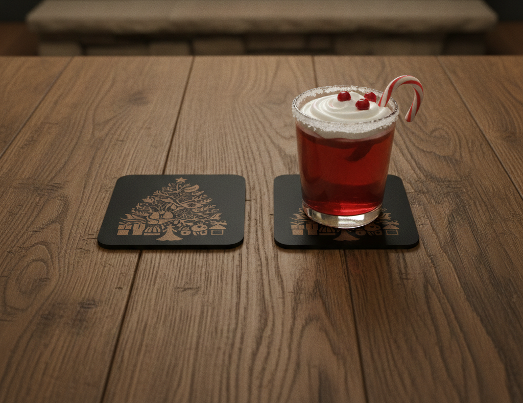 Set of 4,  Wooden Christmas Tree Coasters.  Square Festive Holiday Gift, with bumper feet.