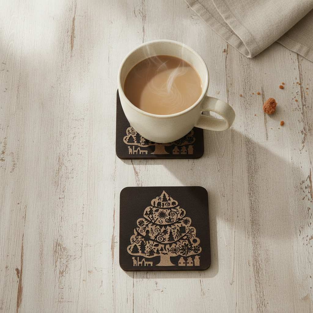 Set of 4,  Wooden Christmas Tree Coasters.  Square Festive Holiday Gift, with bumper feet.