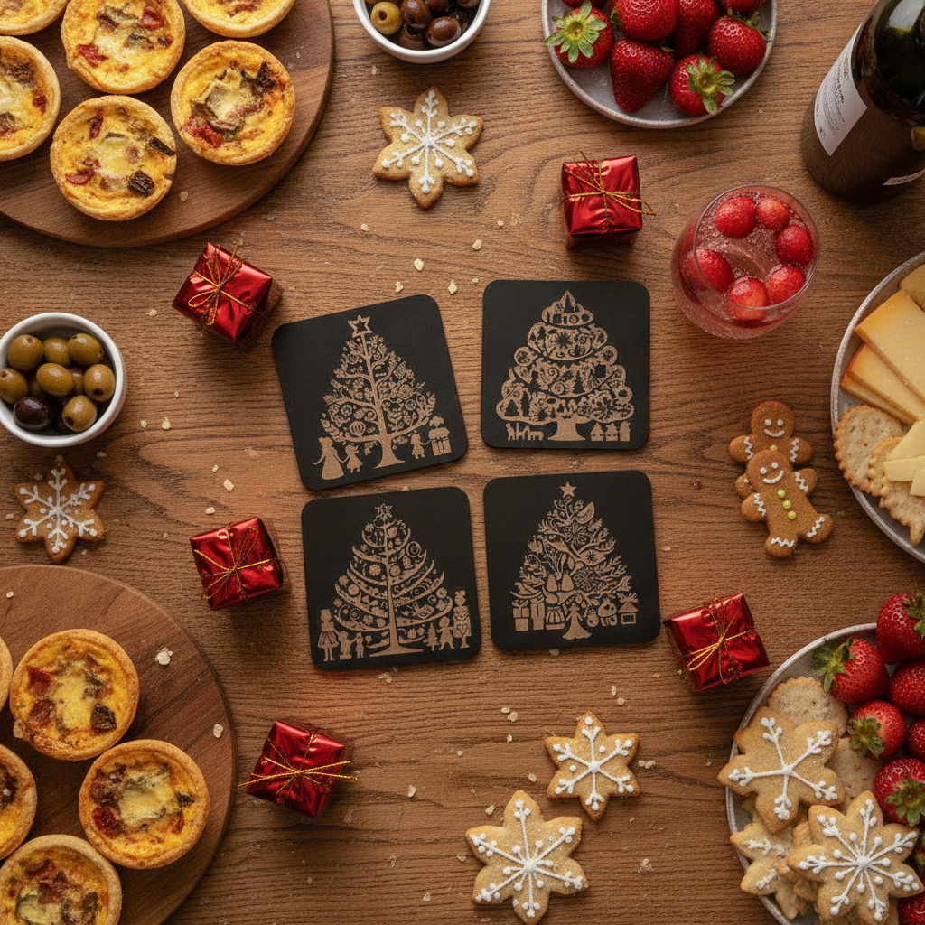 Set of 4,  Wooden Christmas Tree Coasters.  Square Festive Holiday Gift, with bumper feet.