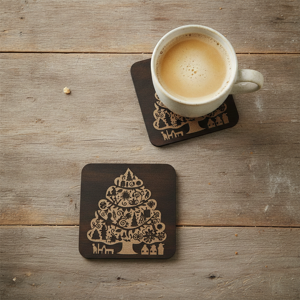Set of 4,  Wooden Christmas Tree Coasters.  Square Festive Holiday Gift, with bumper feet.