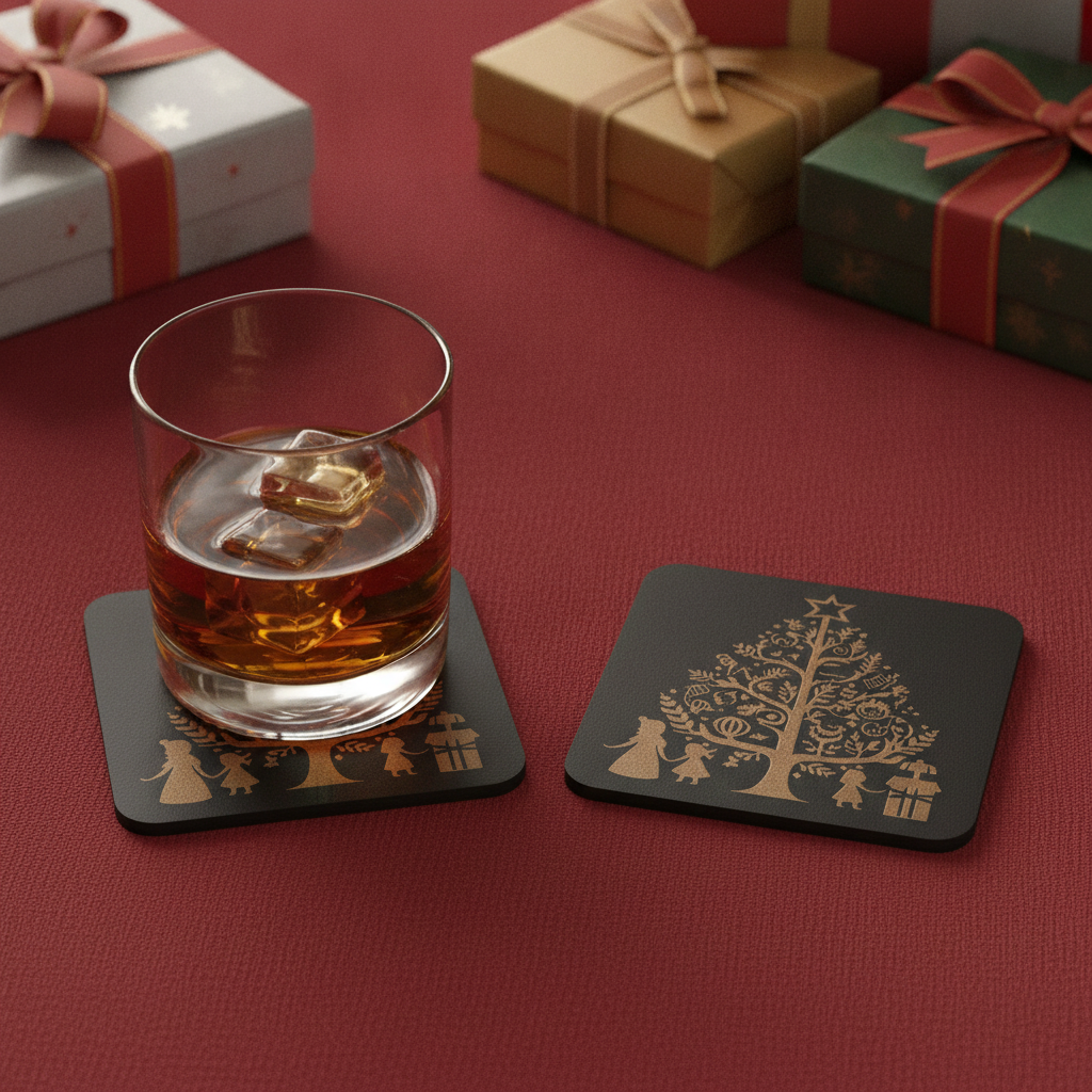 Set of 4,  Wooden Christmas Tree Coasters.  Square Festive Holiday Gift, with bumper feet.