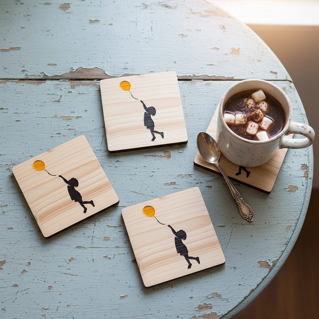 Set of 4, Banksy Inspired Coaster- Girl with Balloon. Hand painted. 100mm x 100mm x 19mm. With Bumper feet.