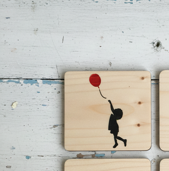 Set of 4, Banksy Inspired Coaster- Girl with Balloon. Hand painted. 100mm x 100mm x 19mm. With Bumper feet.