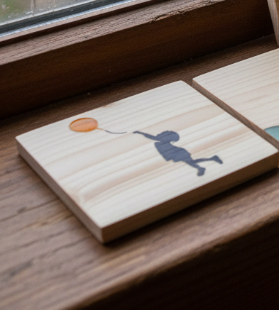 Set of 4, Banksy Inspired Coaster- Girl with Balloon. Hand painted. 100mm x 100mm x 19mm. With Bumper feet.