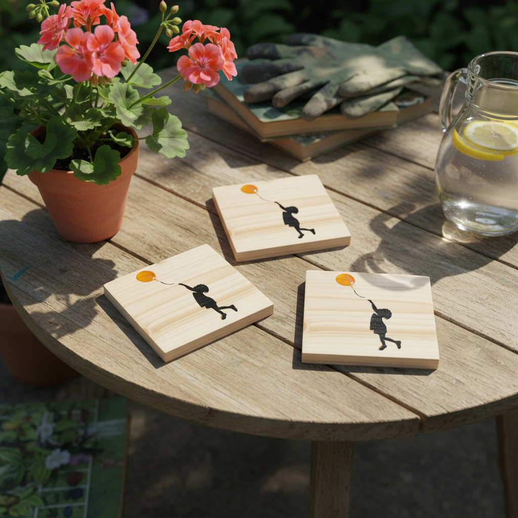 Set of 4, Banksy Inspired Coaster- Girl with Balloon. Hand painted. 100mm x 100mm x 19mm. With Bumper feet.