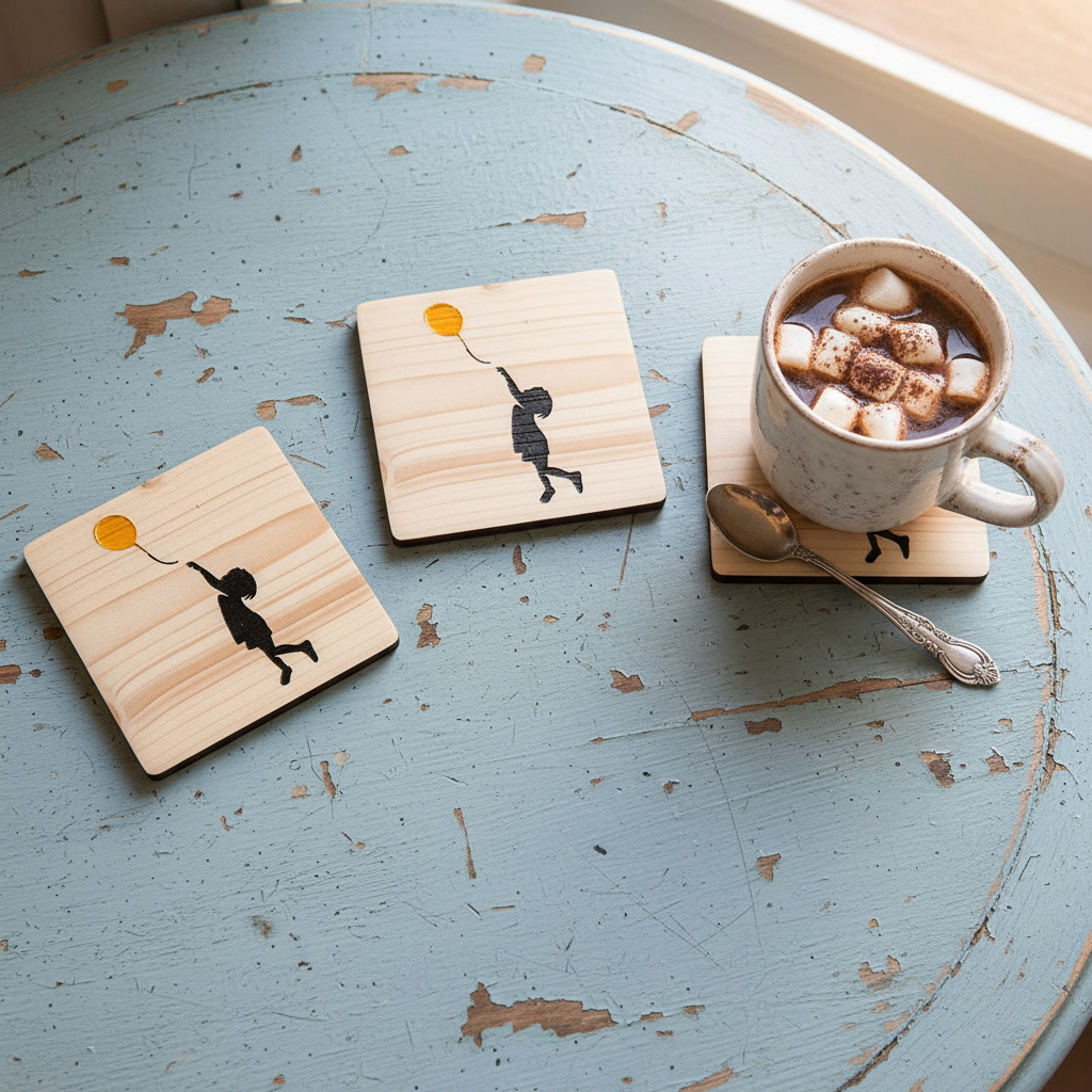Set of 4, Banksy Inspired Coaster- Girl with Balloon. Hand painted. 100mm x 100mm x 19mm. With Bumper feet.