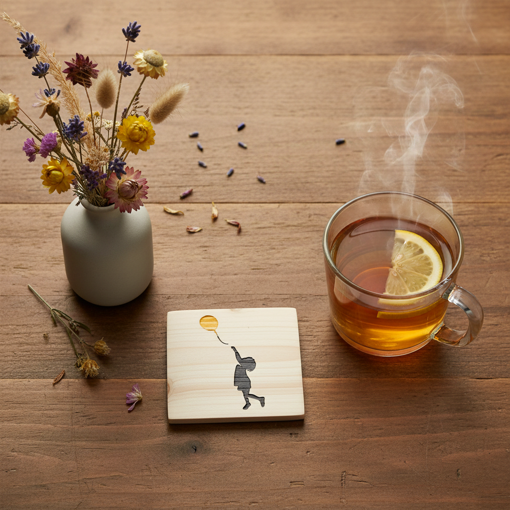 Set of 4, Banksy Inspired Coaster- Girl with Balloon. Hand painted. 100mm x 100mm x 19mm. With Bumper feet.