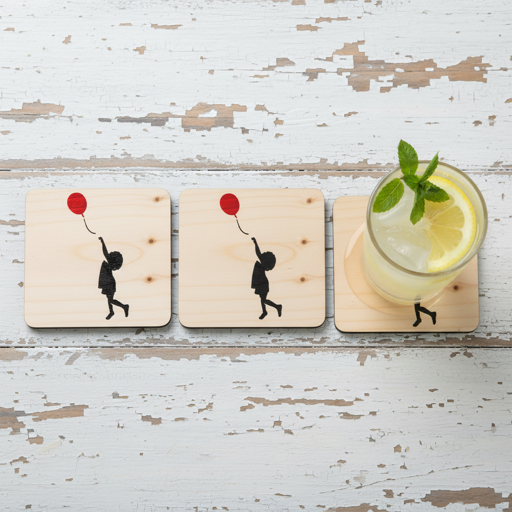 Set of 4, Banksy Inspired Coaster- Girl with Balloon. Hand painted. 100mm x 100mm x 19mm. With Bumper feet.