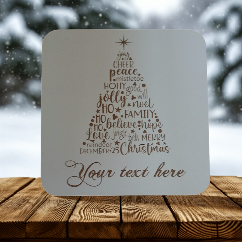Set of 4, Christmas "Word" Tree Engraved White Wood Coasters, for Personalisation, with Bumper Feet.
