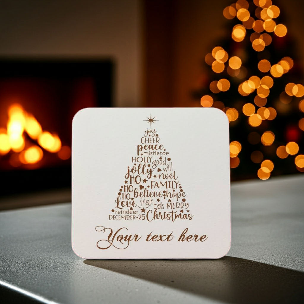 Set of 4, Christmas "Word" Tree Engraved White Wood Coasters, for Personalisation, with Bumper Feet.