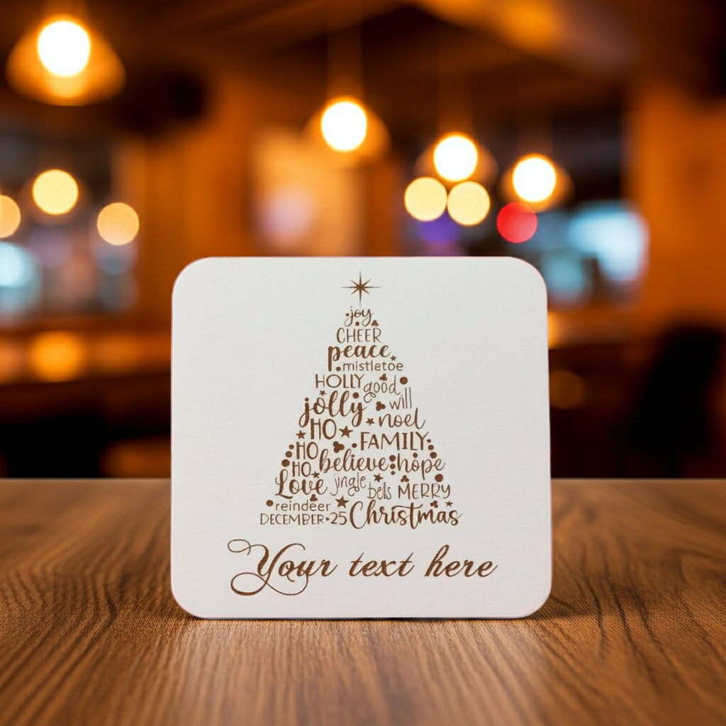 Set of 4, Christmas "Word" Tree Engraved White Wood Coasters, for Personalisation, with Bumper Feet.