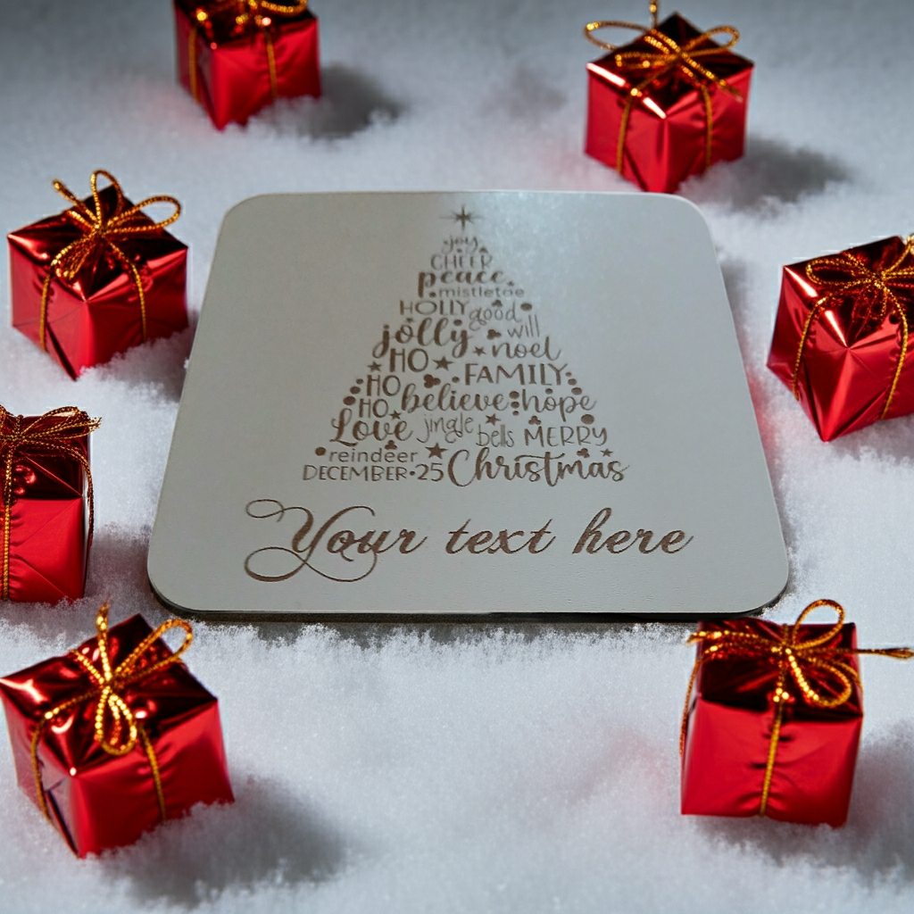 Set of 4, Christmas "Word" Tree Engraved White Wood Coasters, for Personalisation, with Bumper Feet.