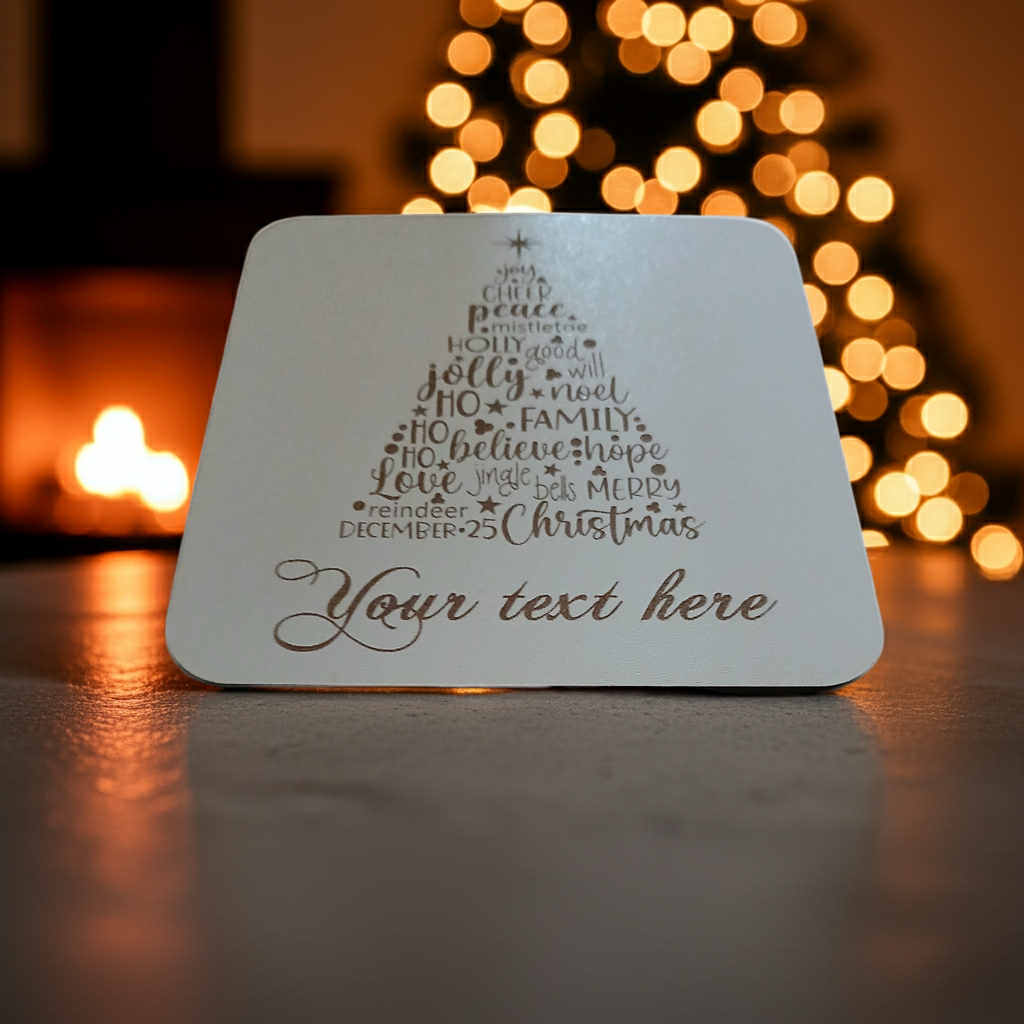 Set of 4, Christmas "Word" Tree Engraved White Wood Coasters, for Personalisation, with Bumper Feet.