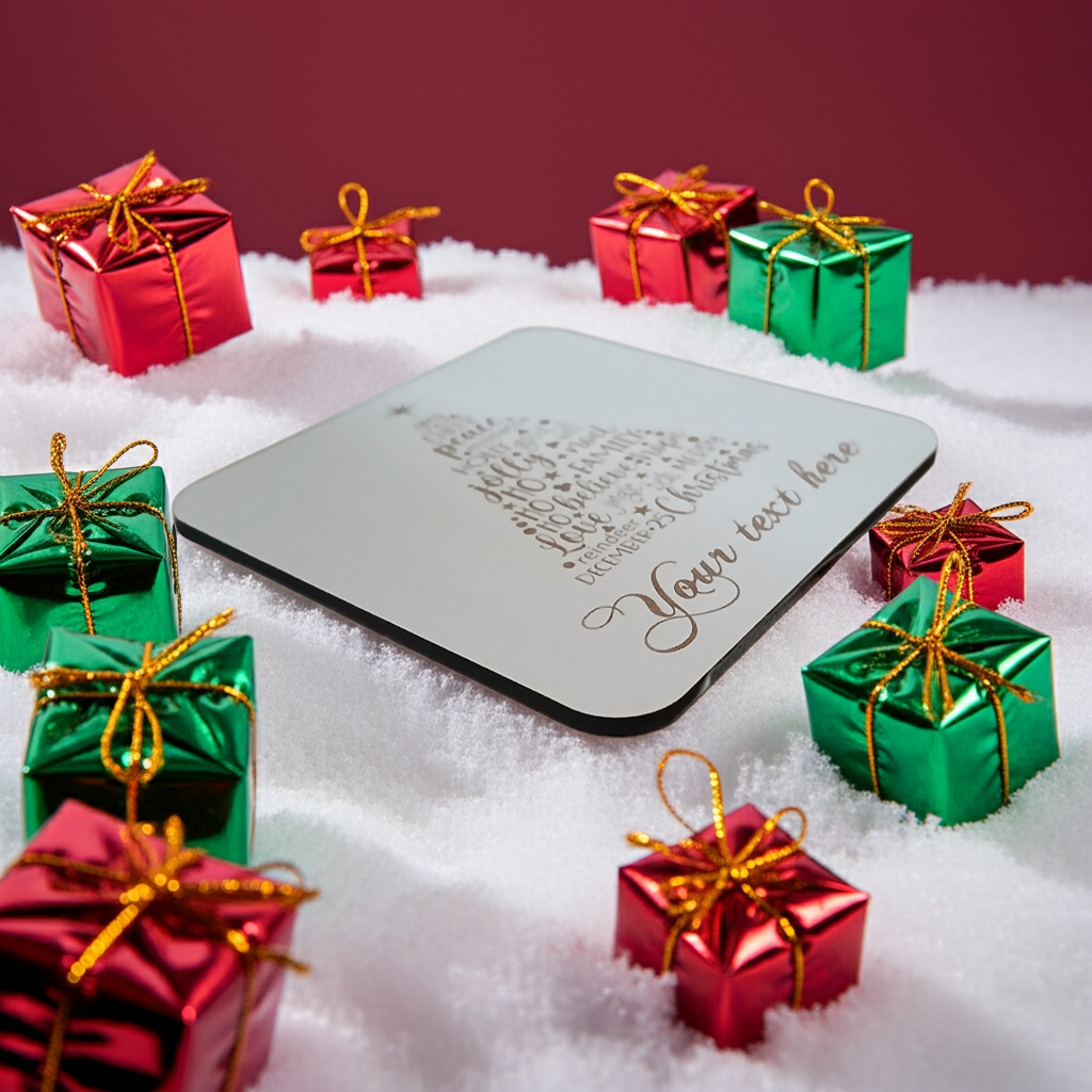 Set of 4, Christmas "Word" Tree Engraved White Wood Coasters, for Personalisation, with Bumper Feet.