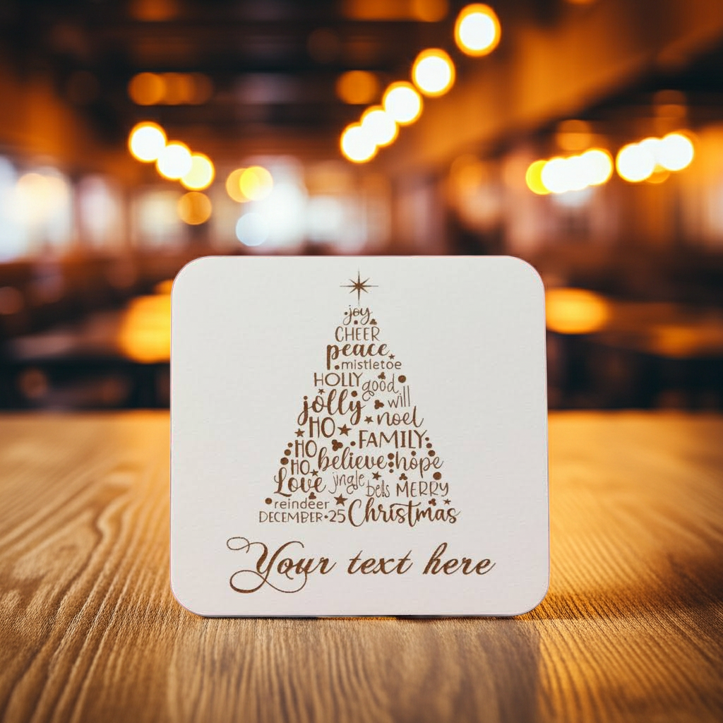 Set of 4, Christmas "Word" Tree Engraved White Wood Coasters, for Personalisation, with Bumper Feet.