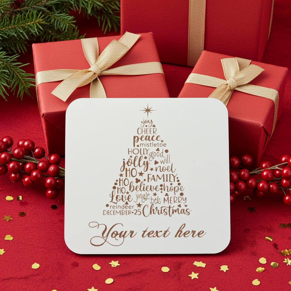 Set of 4, Christmas "Word" Tree Engraved White Wood Coasters, for Personalisation, with Bumper Feet.