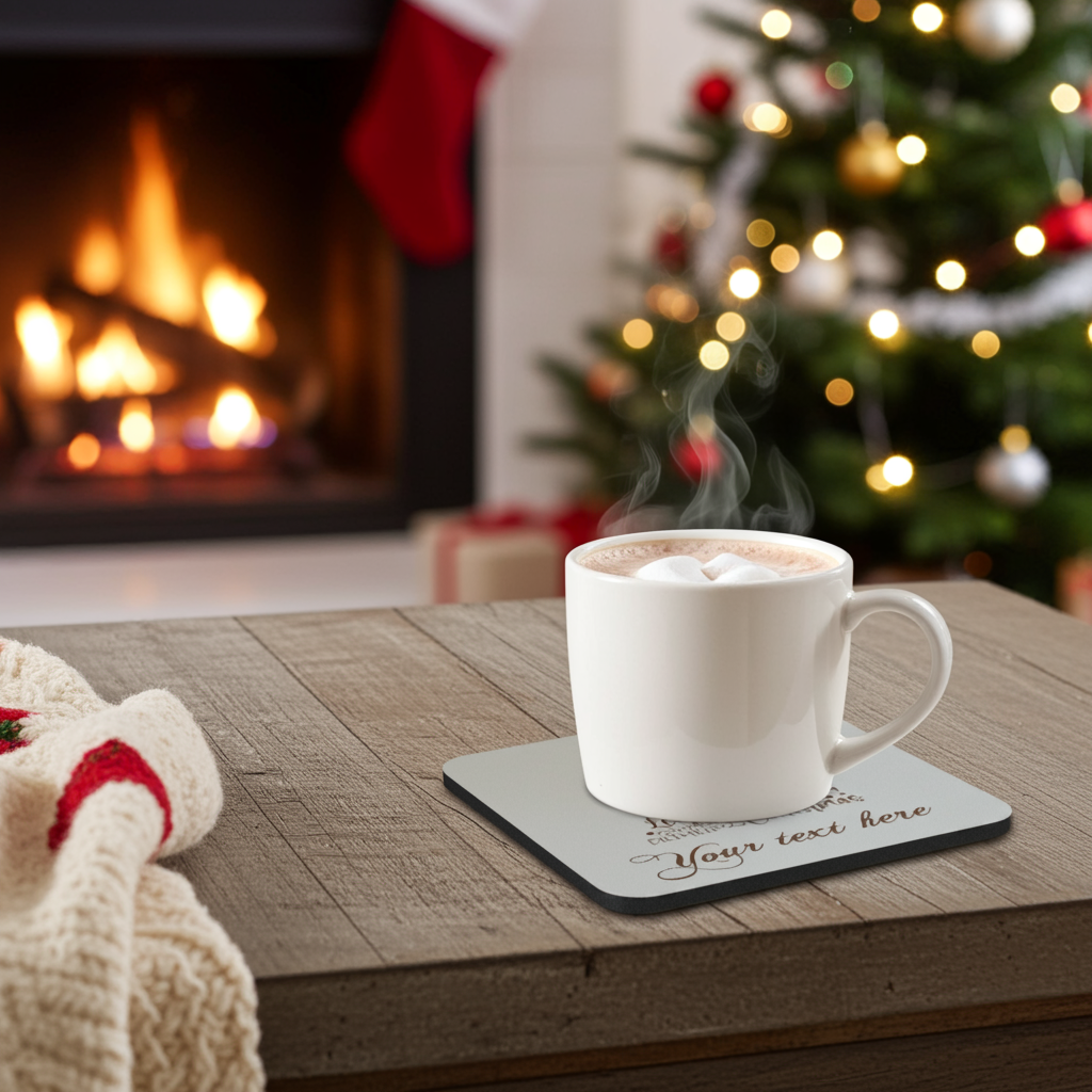 Set of 4, Christmas "Word" Tree Engraved White Wood Coasters, for Personalisation, with Bumper Feet.