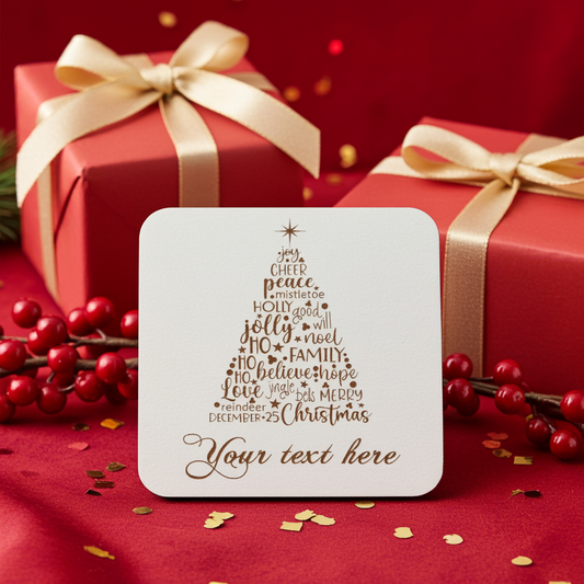 Set of 4, Christmas "Word" Tree Engraved White Wood Coasters, for Personalisation, with Bumper Feet.