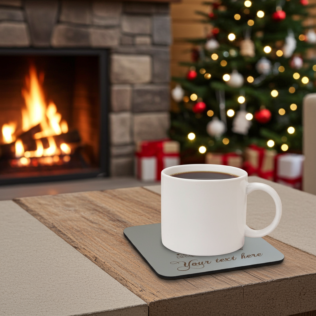 Set of 4, Christmas "Word" Tree Engraved White Wood Coasters, for Personalisation, with Bumper Feet.