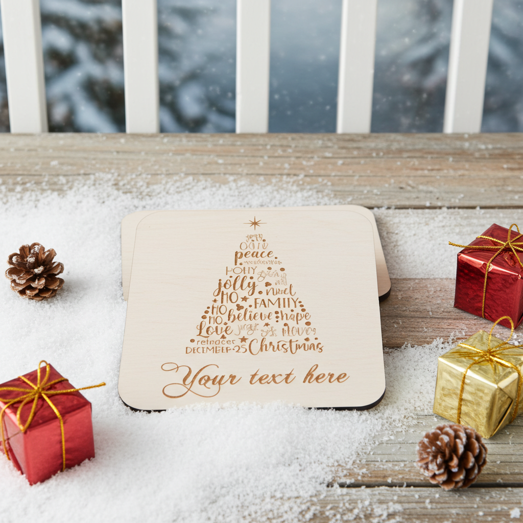 Set of 4, Christmas "Word" Tree Engraved White Wood Coasters, for Personalisation, with Bumper Feet.