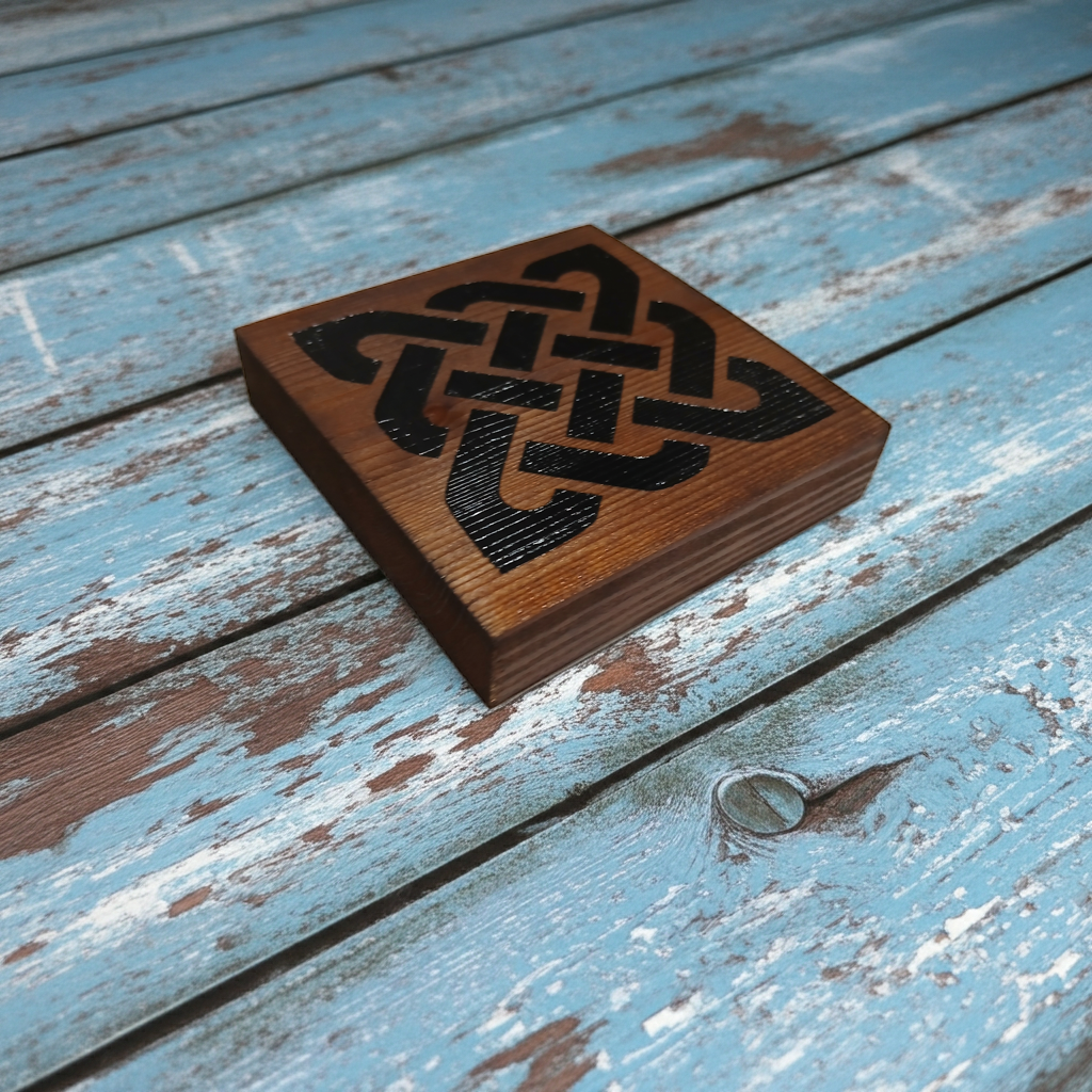 Set of 4,  Chunky, Celt Knot, Wood Drink Coasters, 100mm x 100mm x 17mm. with bumper feet.