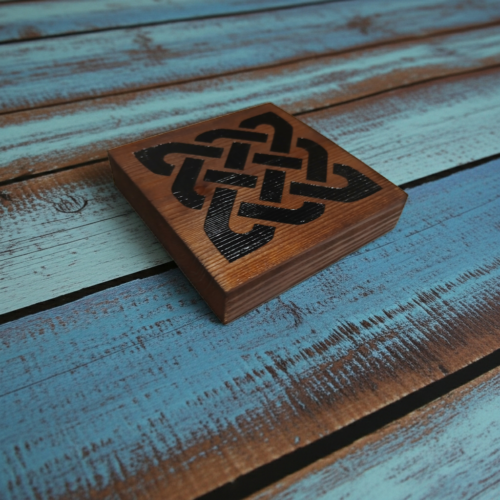 Set of 4,  Chunky, Celt Knot, Wood Drink Coasters, 100mm x 100mm x 17mm. with bumper feet.