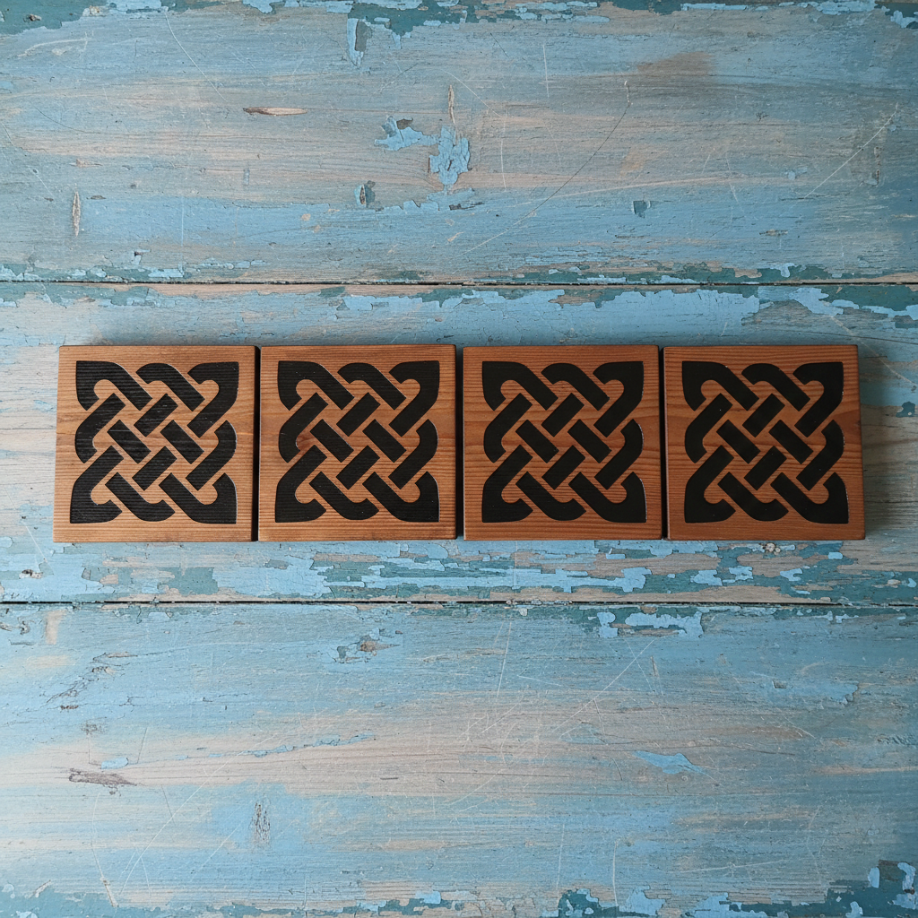 Set of 4,  Chunky, Celt Knot, Wood Drink Coasters, 100mm x 100mm x 17mm. with bumper feet.